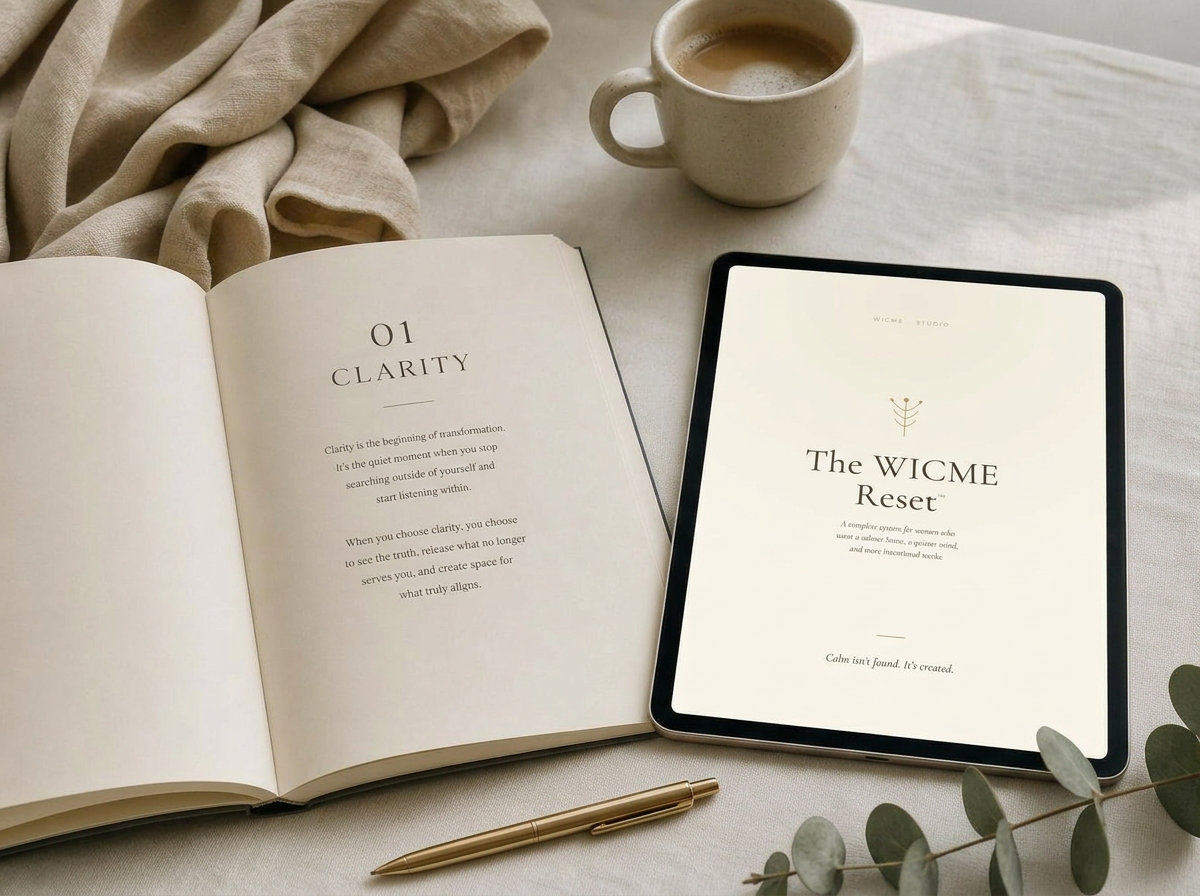 The WICME Reset digital workbook open on an iPad in soft morning light