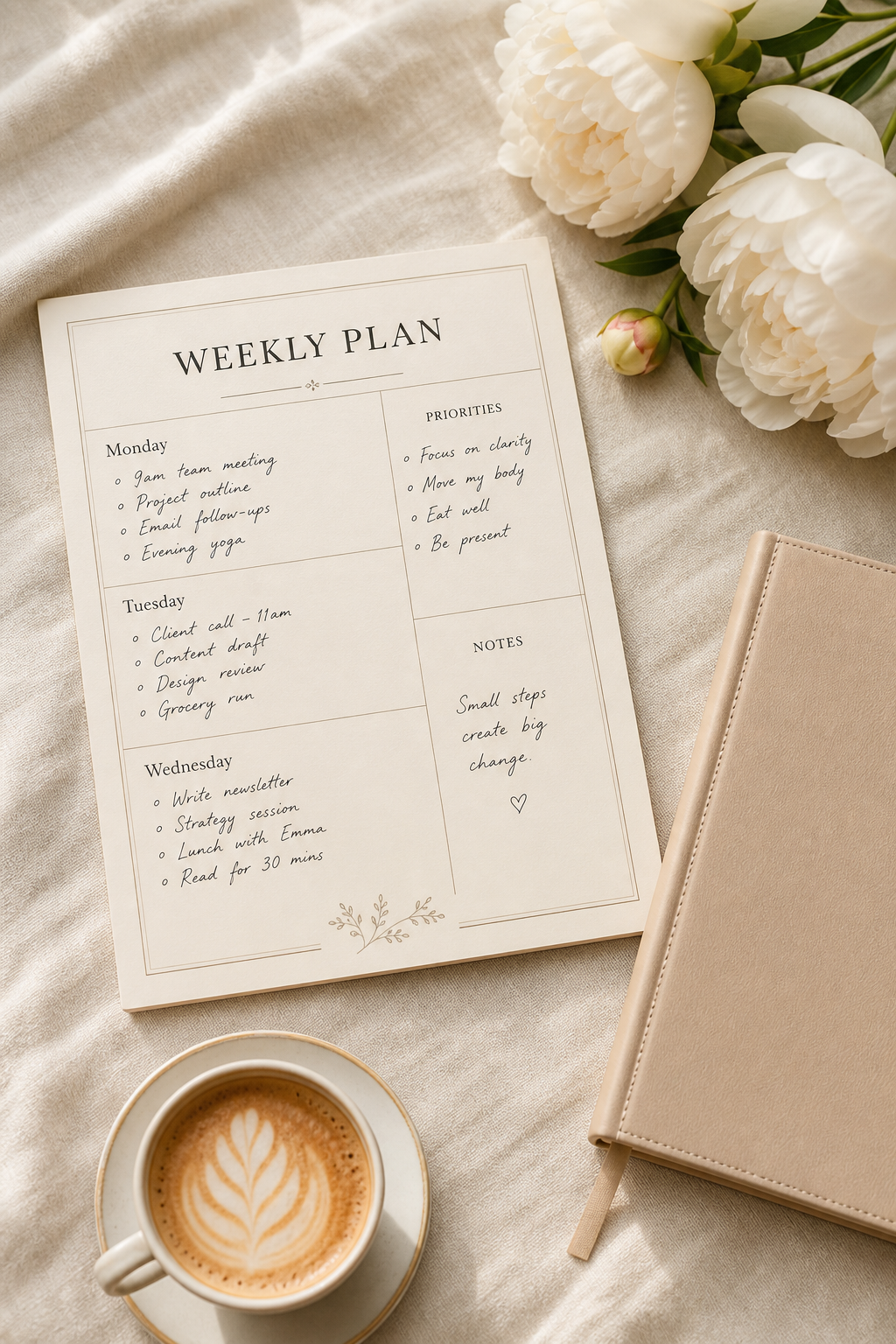 An editorial planner spread on cream linen in soft morning light