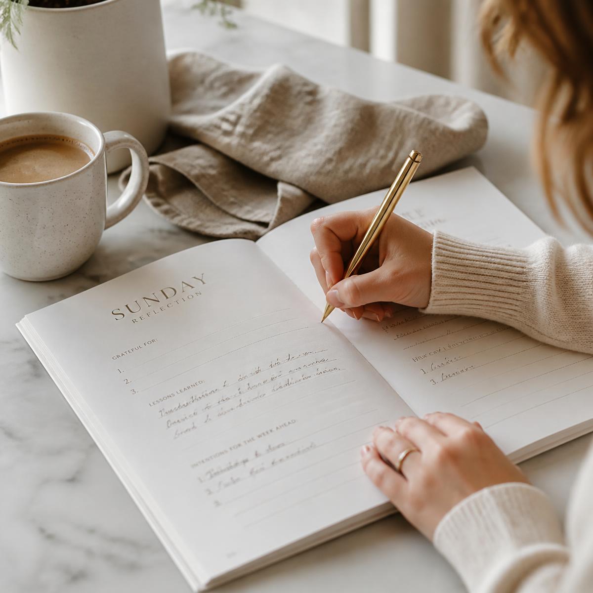 A woman journaling in a printed WICME Reset workbook with a gold pen and morning coffee