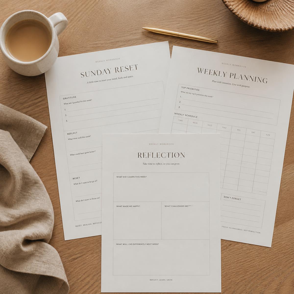 Printed WICME Reset workbook pages laid out on a wooden kitchen table with coffee and a gold pen